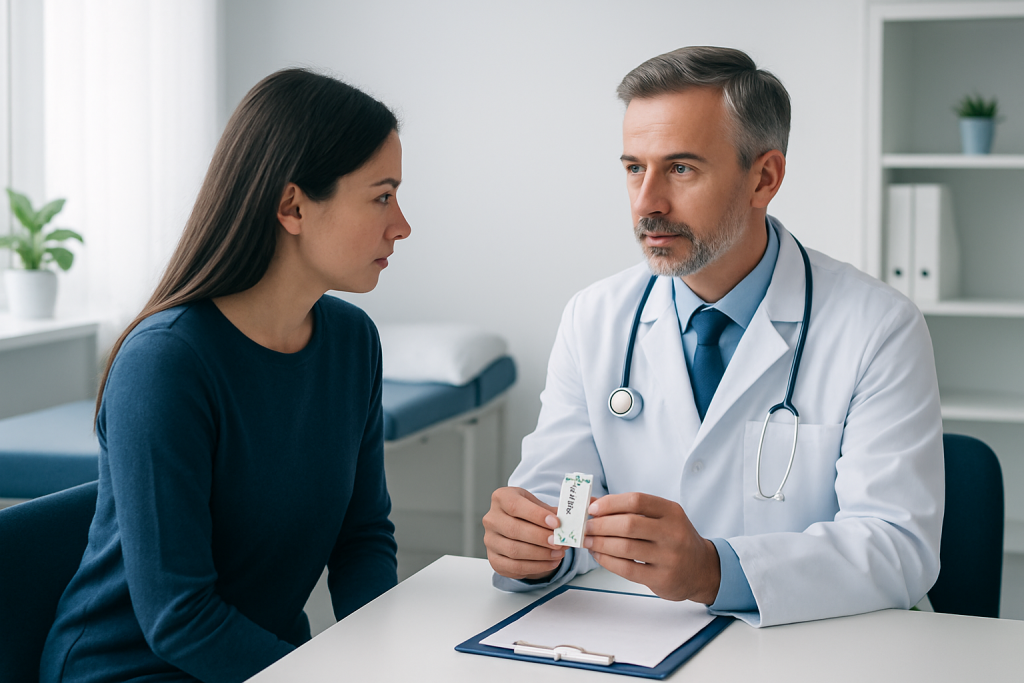 Doctor explaining COVID testing process to a patient in a clinic.