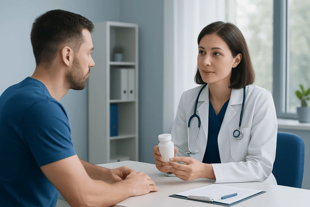 Doctor consulting with a patient in a medical office setting.