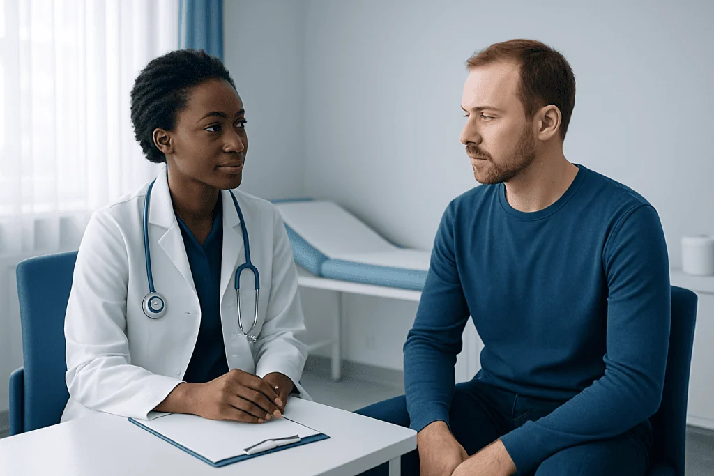 Doctor consulting with male patient in a medical office setting.