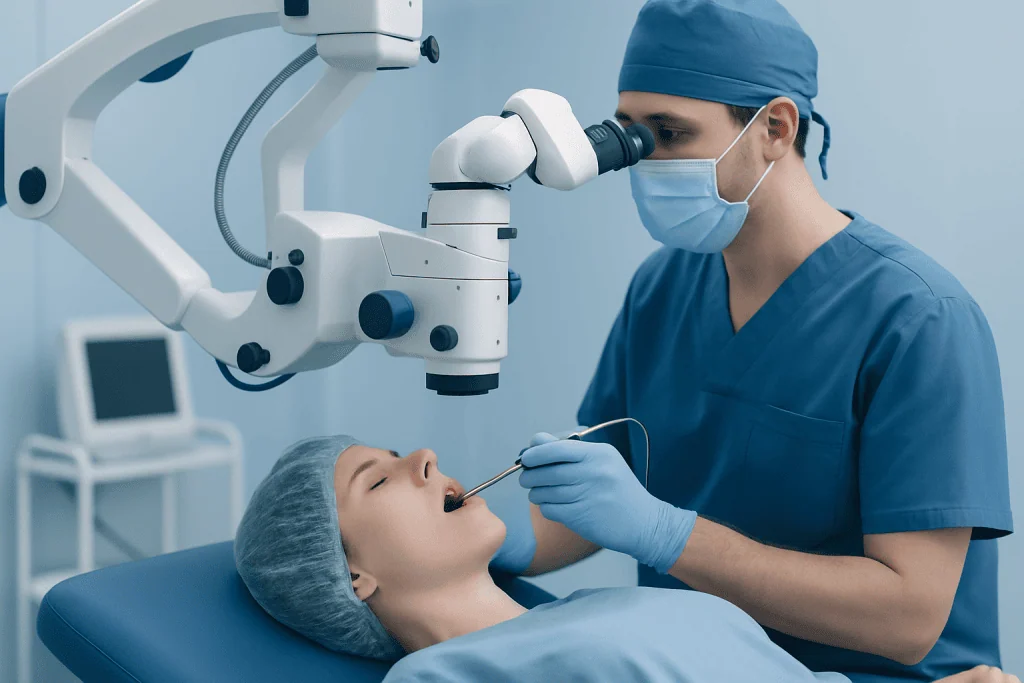 ENT doctor performing a throat examination with a microscope and patient lying down.