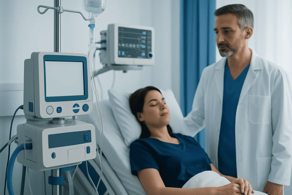 Doctor monitoring patient in hospital room with medical equipment.