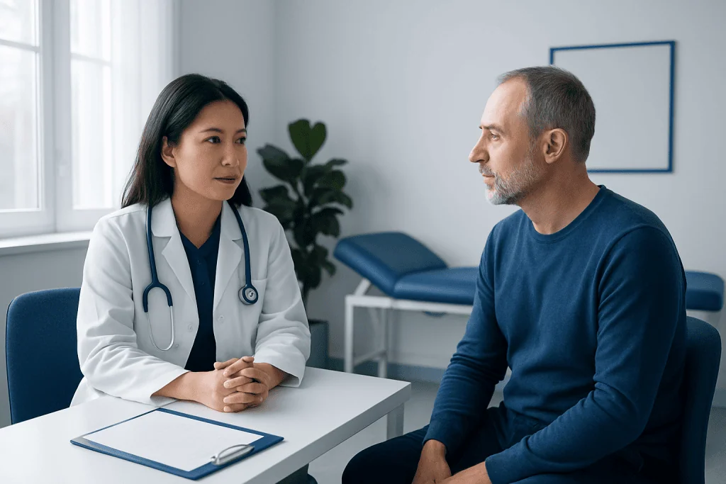 Doctor consulting with a male patient in a medical office.