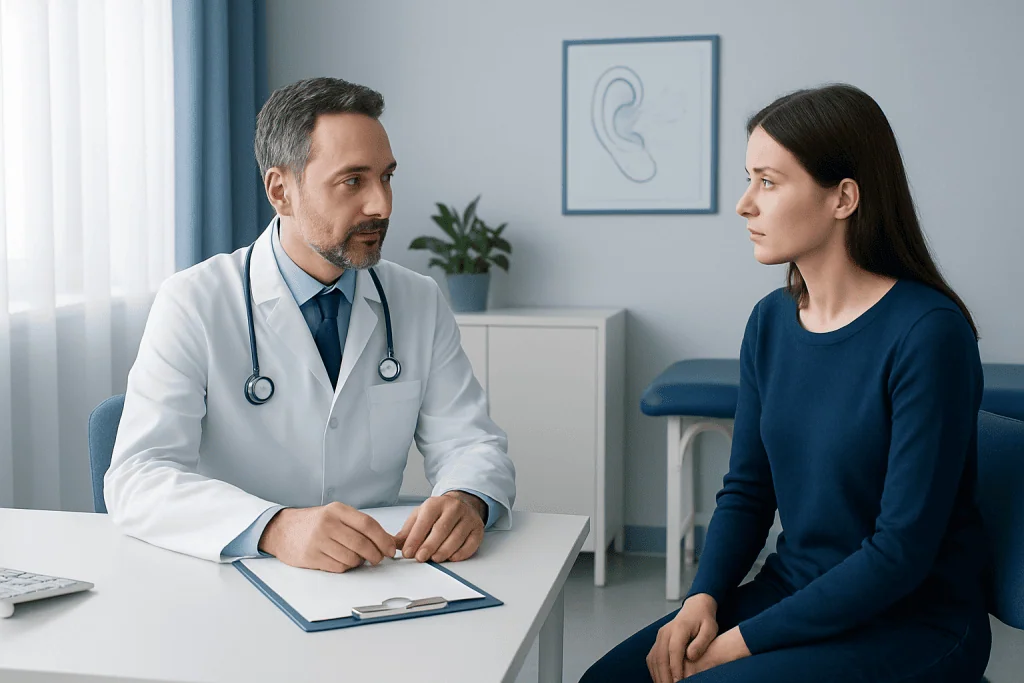 Doctor consulting with a patient in a medical office setting.