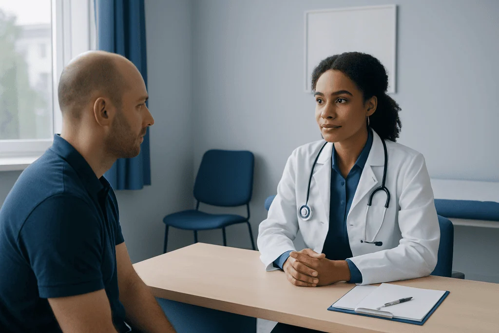Doctor consulting with male patient in a medical office.