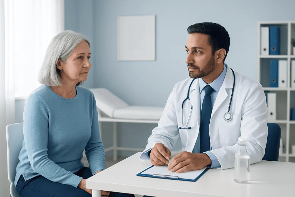 Doctor consulting with an elderly female patient in a medical office.