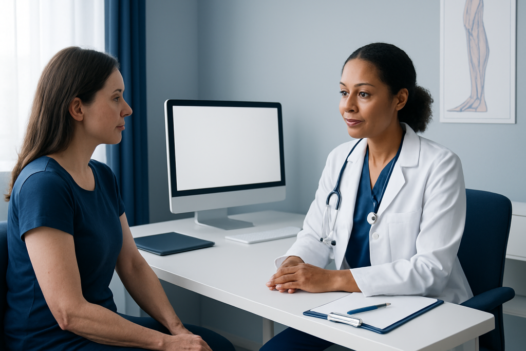 Doctor consulting with patient about vein health and treatment options.