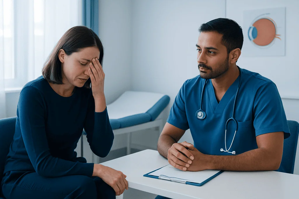Woman experiencing headache consults with doctor in clinic.