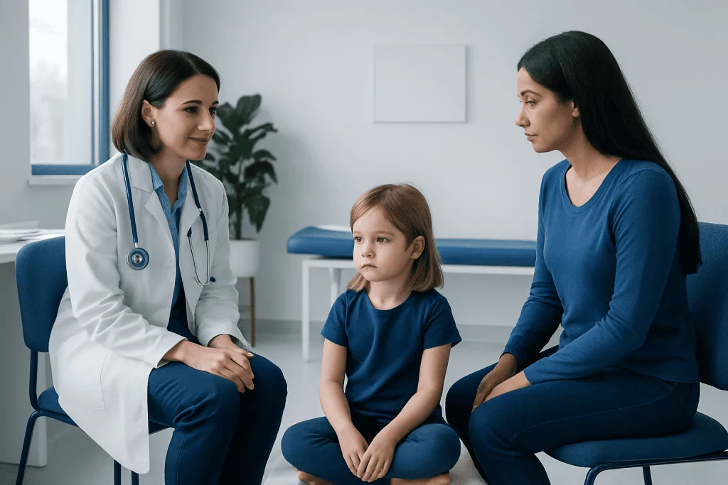 Doctor consulting with a young girl and her mother in a medical office.