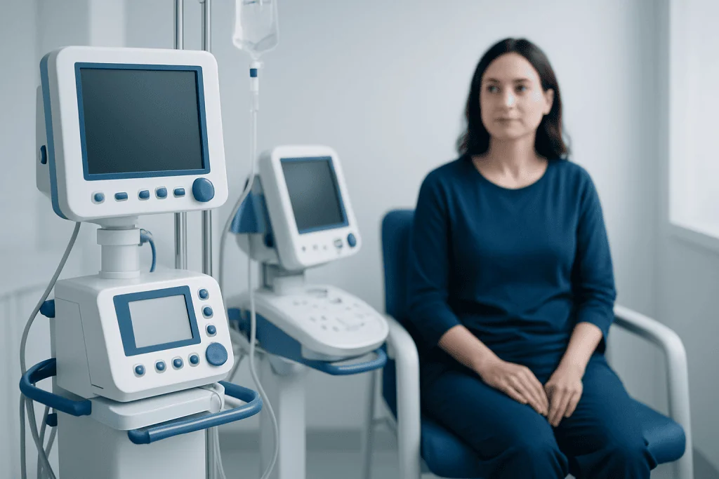 Patient waiting in a medical examination room with monitoring equipment.