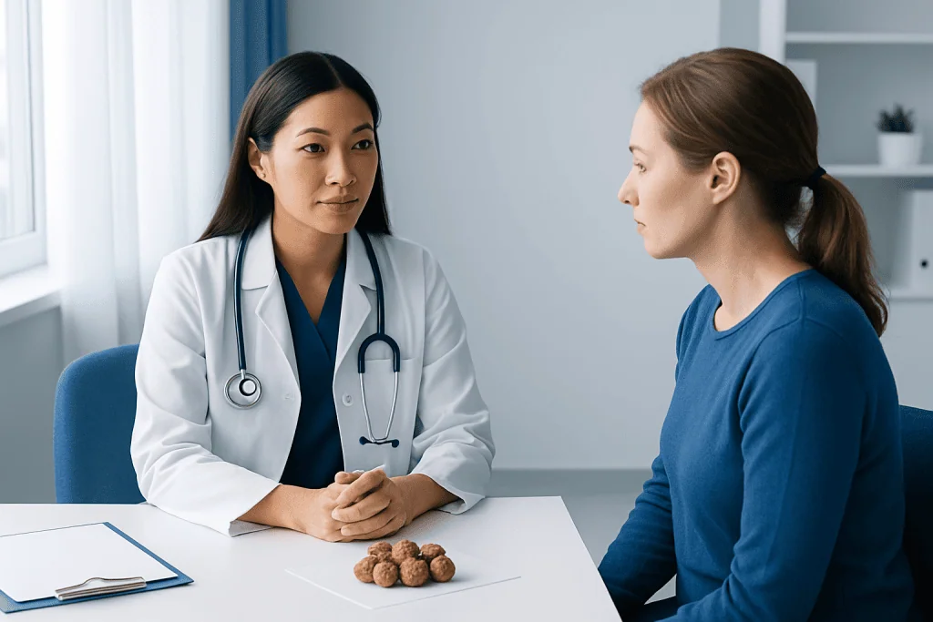 Doctor consulting with patient in a medical office with walnuts on the table.