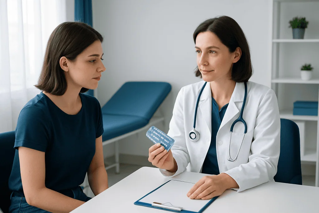 Doctor explaining birth control options to a patient in a clinic setting.
