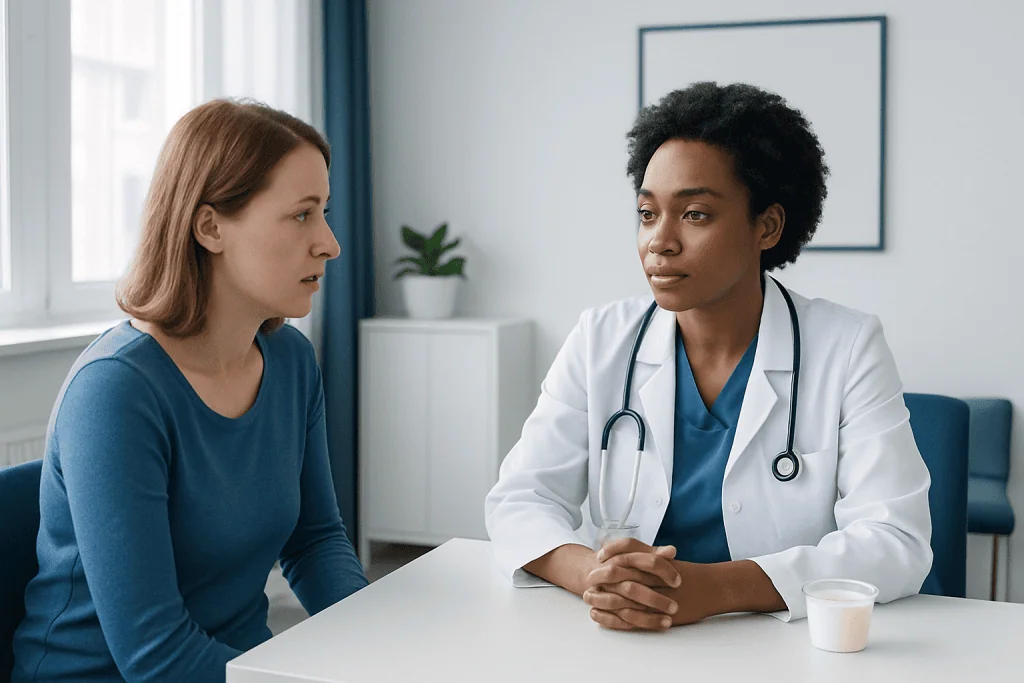 Doctor consulting with a patient in a medical office setting.