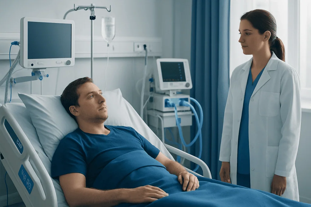 Patient in hospital bed with medical staff in a modern hospital room.