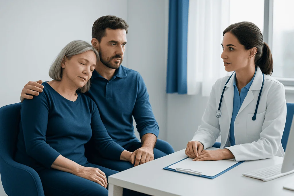 Compassionate doctor consulting with elderly patient and caregiver in hospital.