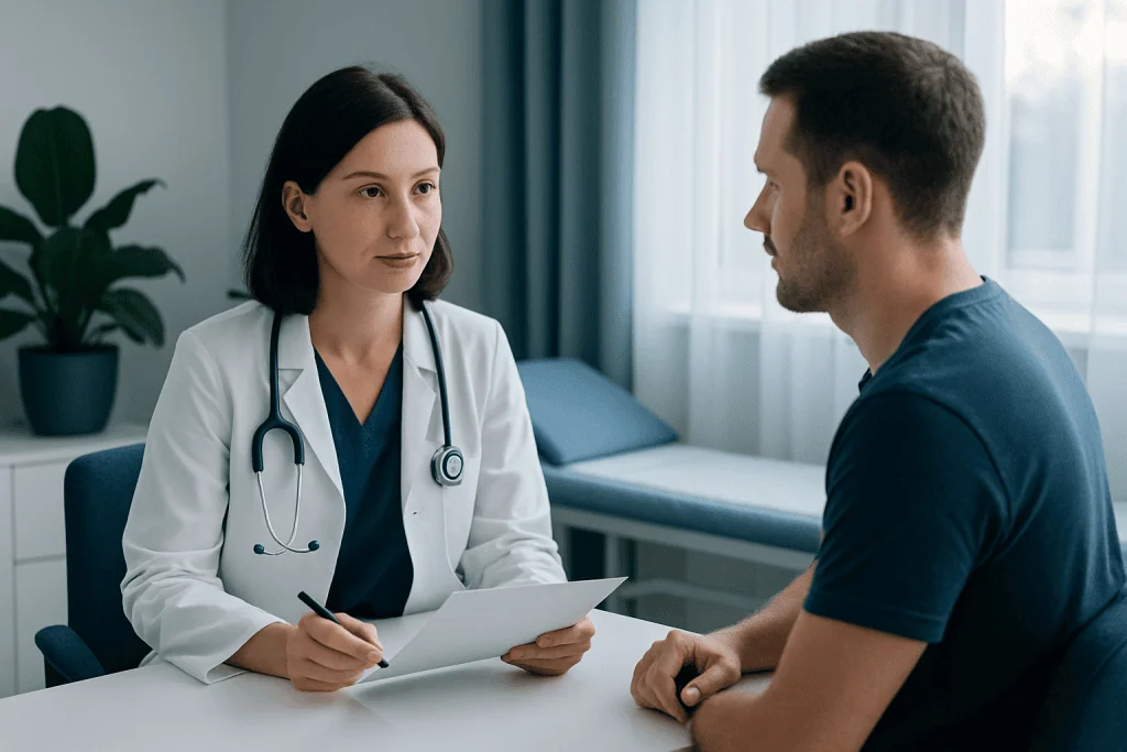 Doctor consulting with a patient in a hospital room.