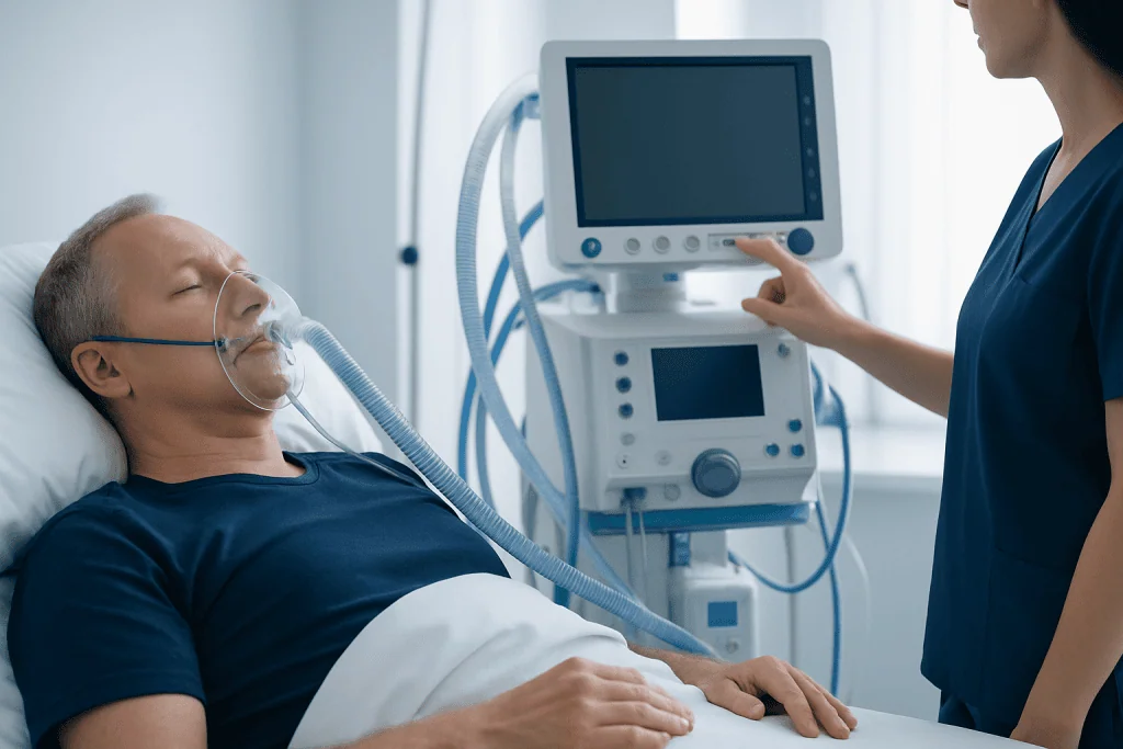 Patient receiving respiratory support in hospital bed at Acibadem Hospital.