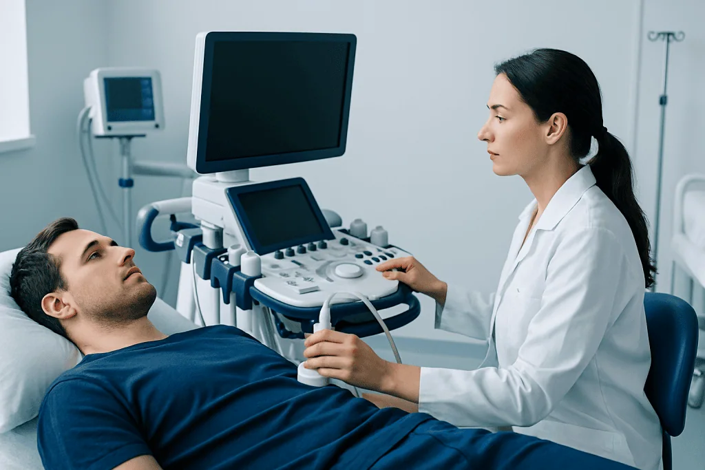 Doctor performing an ultrasound examination on a male patient in a hospital room.