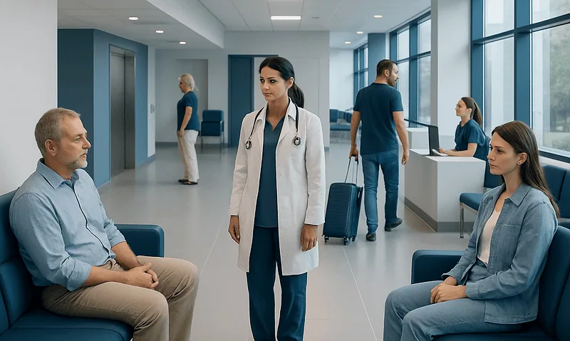 Hospital waiting area with medical staff and patients in Turkey.