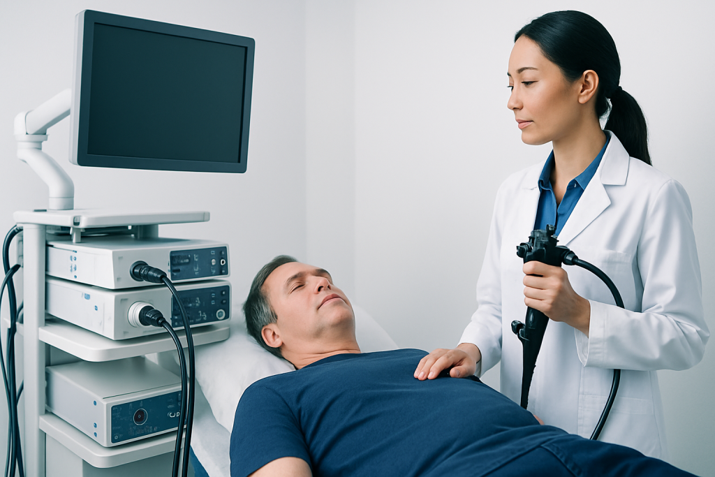 Doctor performing an endoscopy on a male patient in a clinical setting.