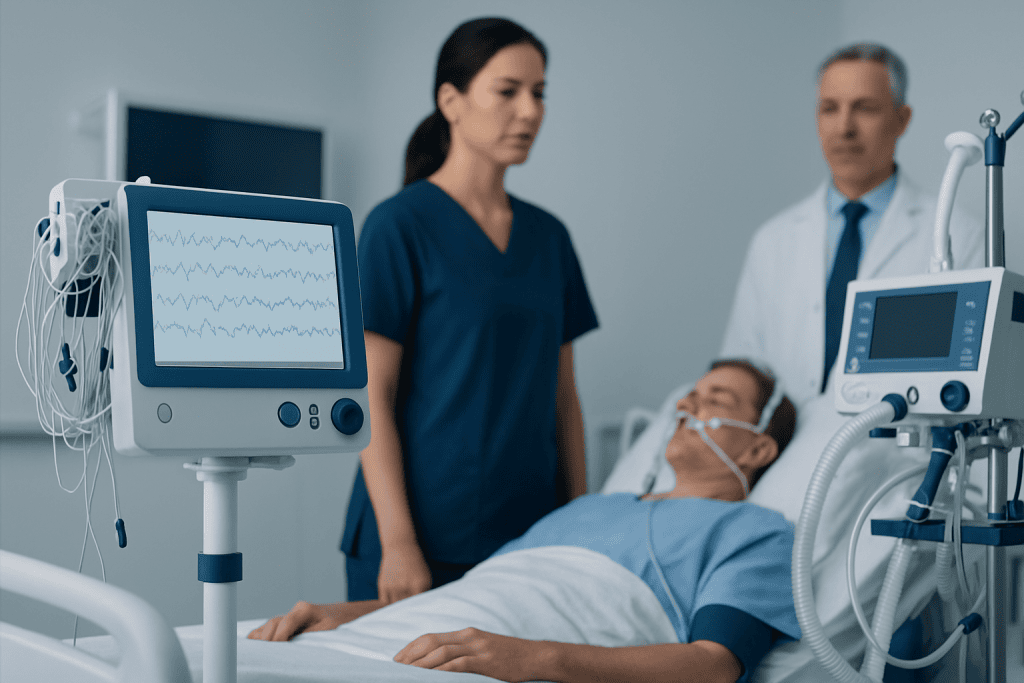 Medical team monitoring a patient with EEG equipment in hospital.