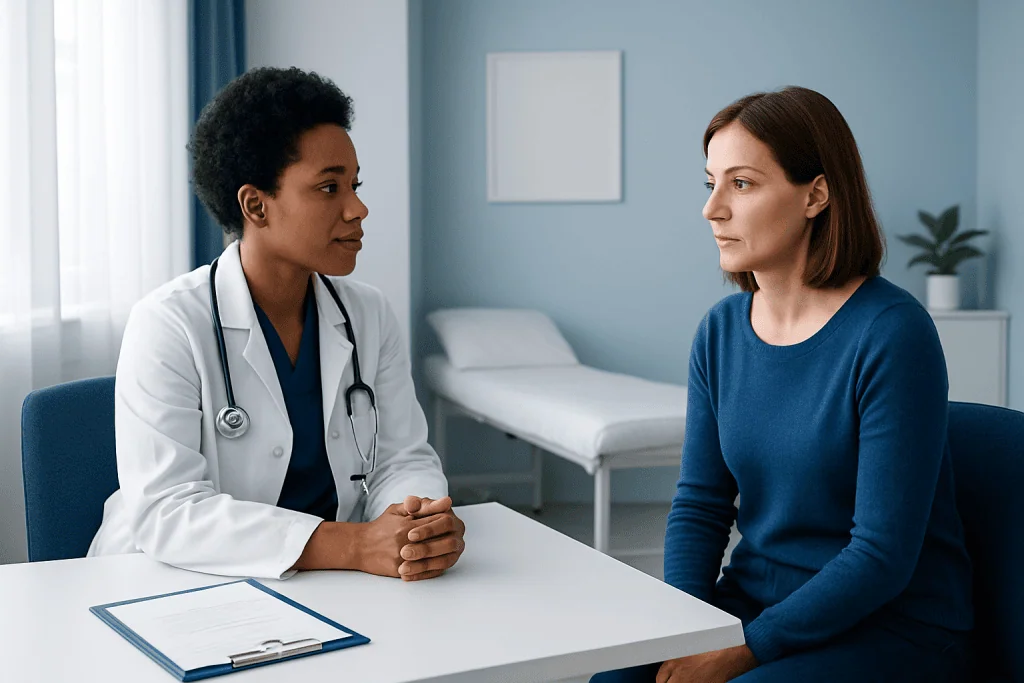 Doctor consulting a patient in a hospital room with bed and medical equipment.