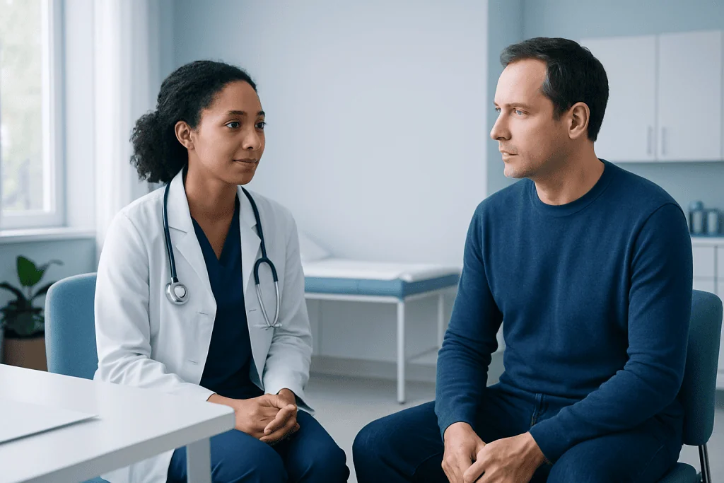 Doctor consulting with a patient in a medical office setting.