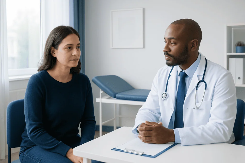Doctor consulting with a female patient in a medical office.
