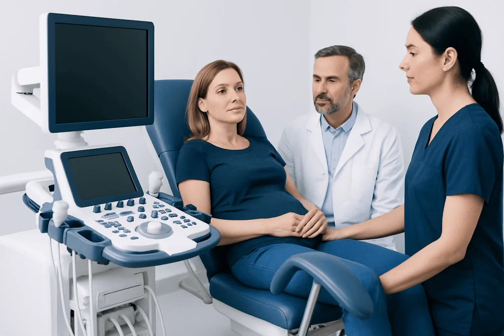 Medical consultation with ultrasound equipment at Acibadem Hospital.