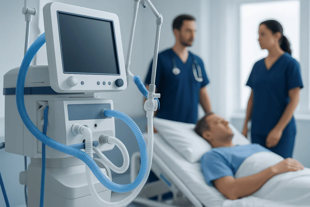 Medical ventilator in hospital room with patient and healthcare professionals.