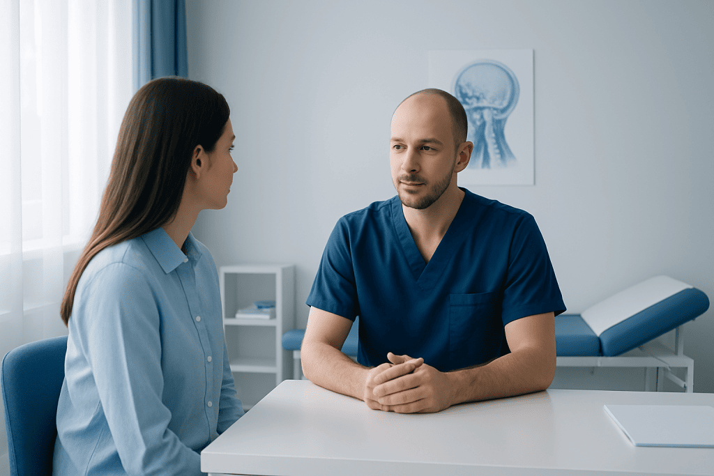 Doctor consulting with patient in a medical office setting.