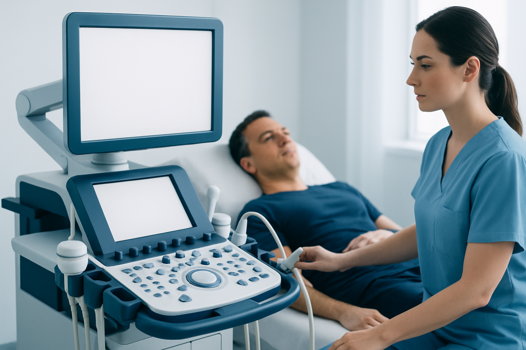 Medical professional performing ultrasound on male patient in clinic.