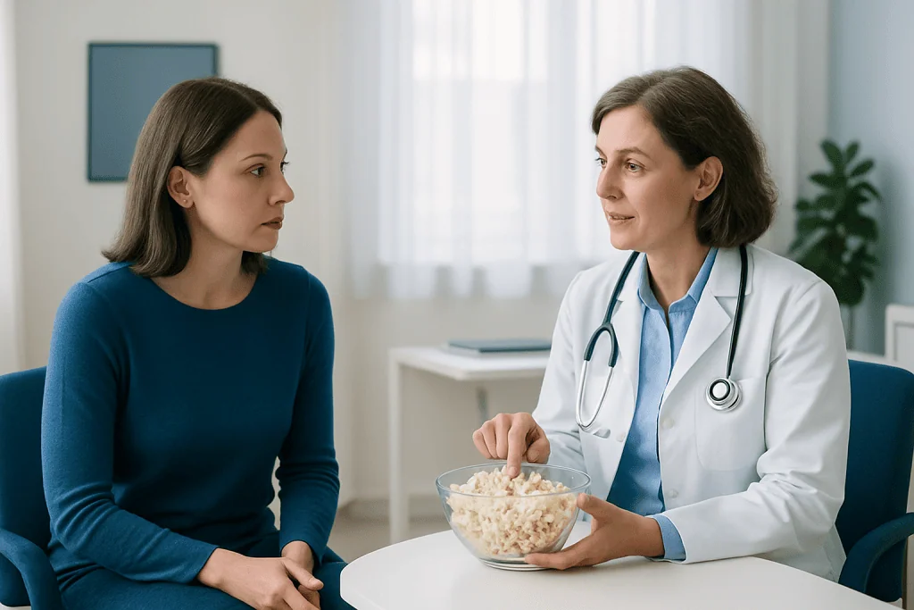 Doctor explaining popcorn health benefits to patient in consultation room.