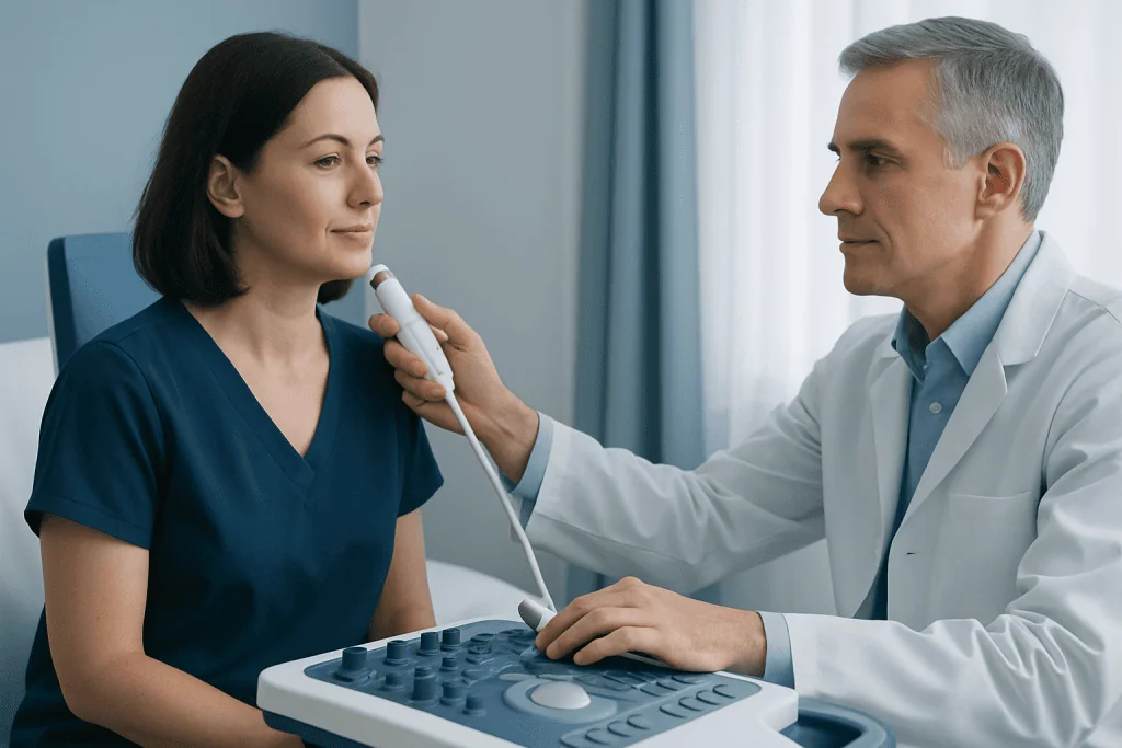Doctor performs ultrasound exam on female patient in clinic setting.