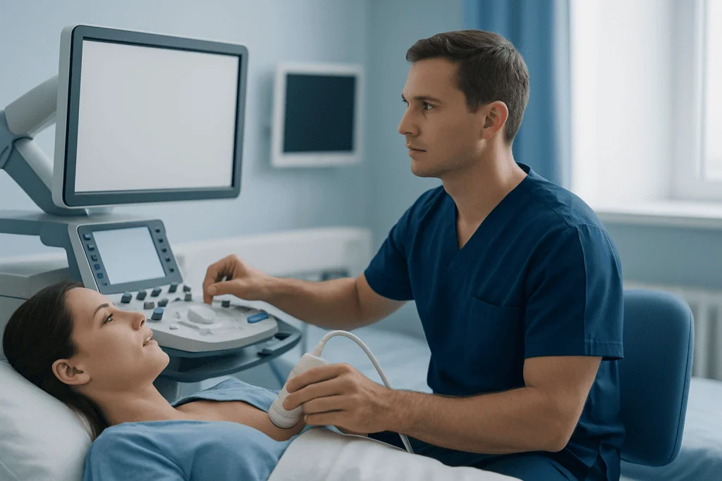Doctor performing an ultrasound on a patient in a hospital room.