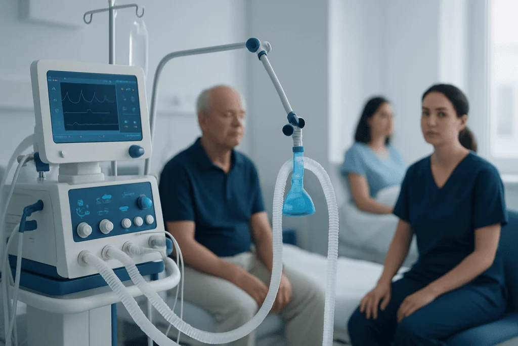 Hospital room with patient and medical staff near ventilator equipment.