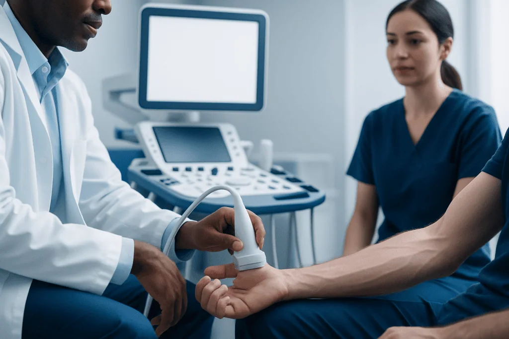 Doctor performing an ultrasound on a patient's arm in a medical clinic.