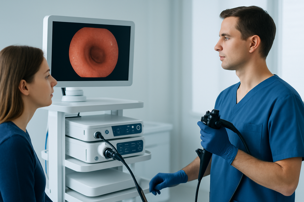 Endoscopy procedure showing a doctor and patient with stomach image on monitor.