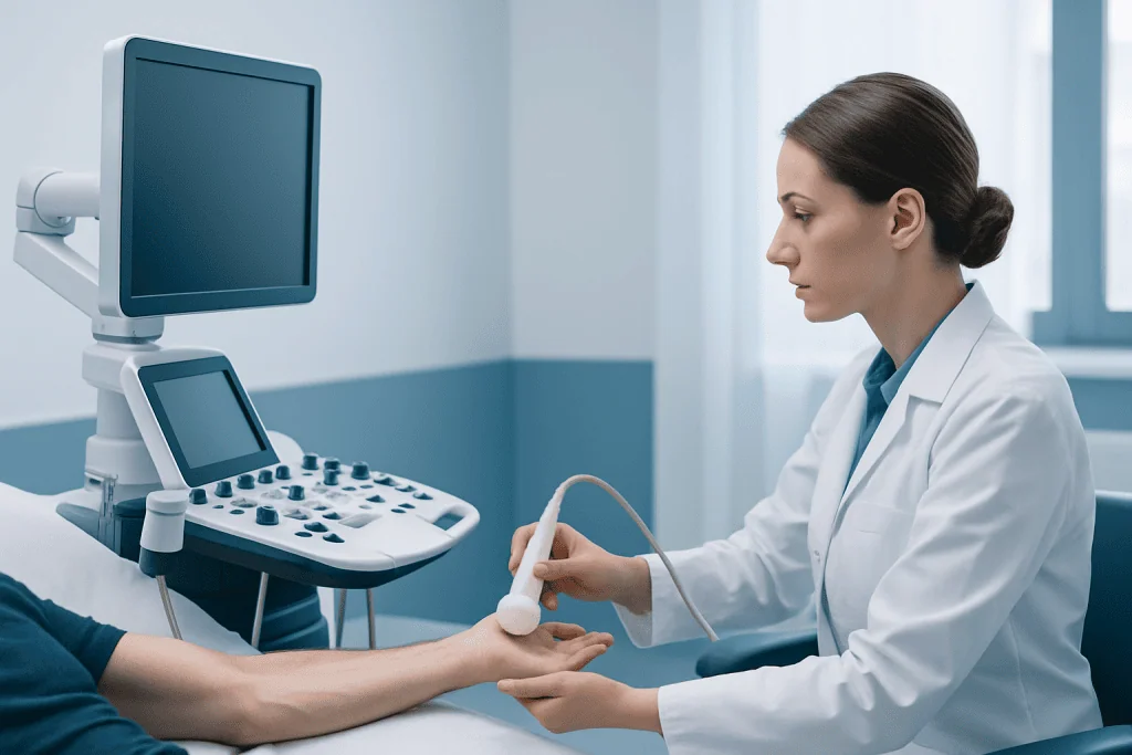 Medical professional performing an ultrasound examination on a patient's arm.