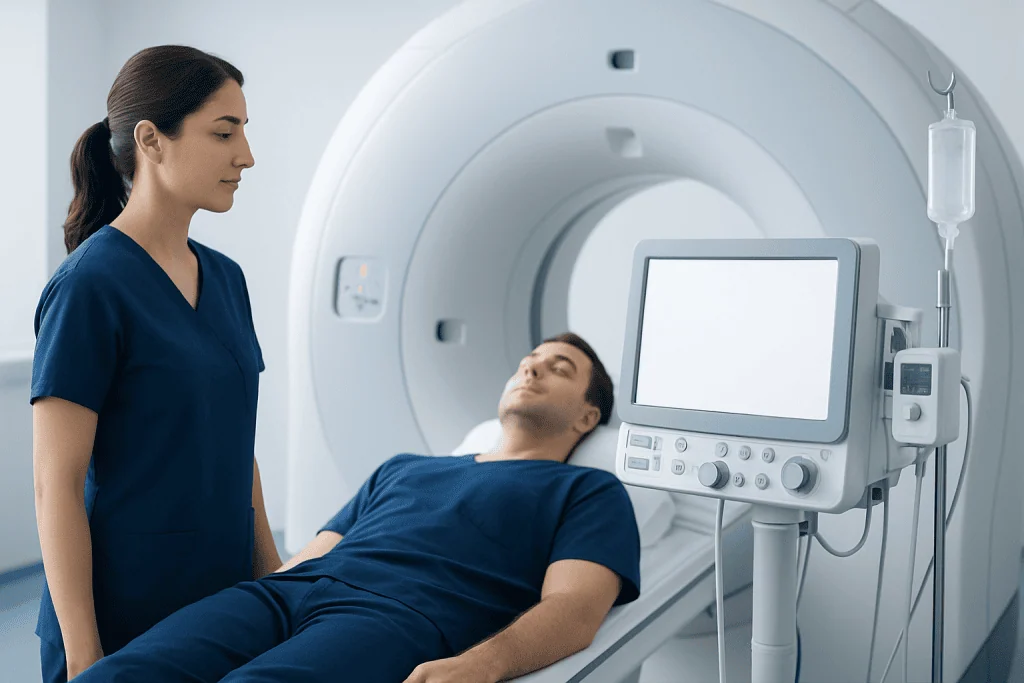 Medical technician preparing patient for MRI scan in hospital.