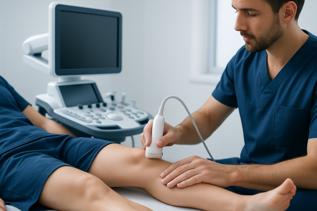 Medical professional performing an ultrasound on a patient's leg at Acibadem Hospital.