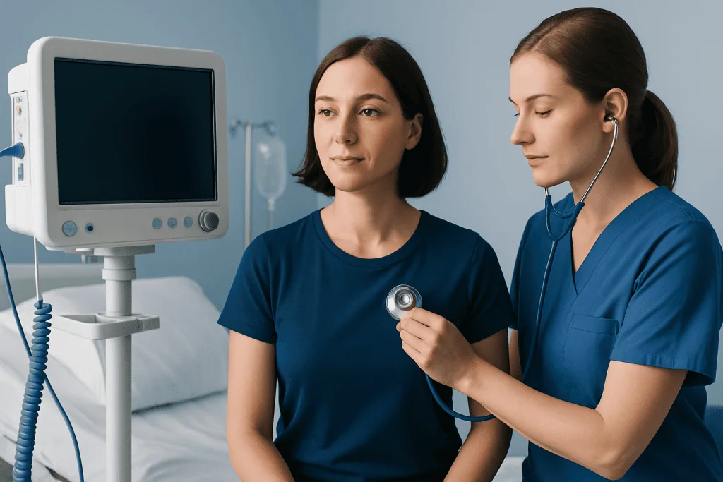 Medical professionals measuring a patient's apical pulse with a stethoscope in hospital.