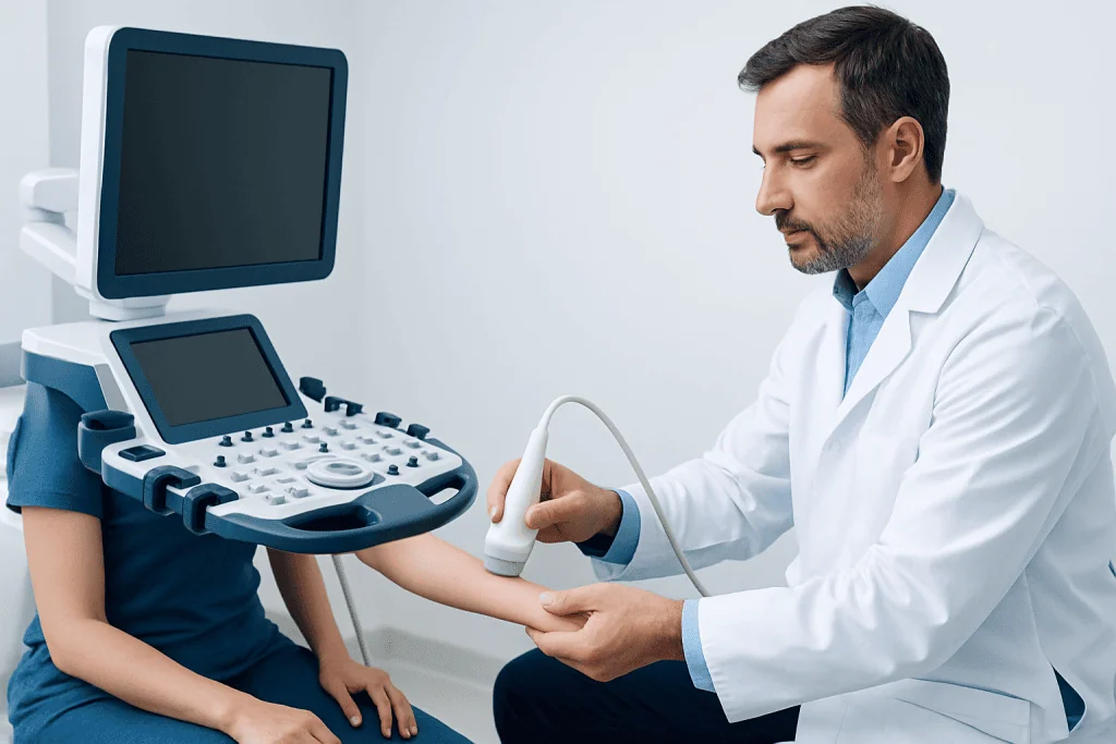 Doctor performing an ultrasound examination on a patient's arm.