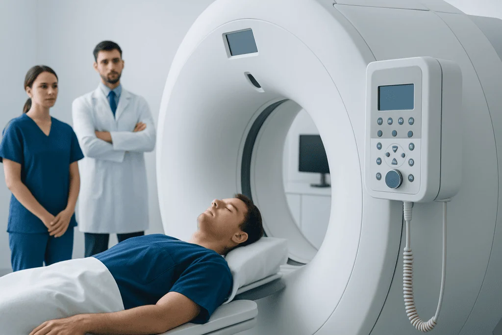 Patient undergoing MRI scan at Acibadem Hospital with medical staff present.