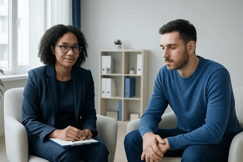 Therapist and patient in a counseling session at Acibadem Hospitals Group.