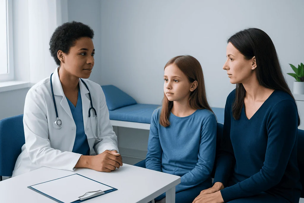 Doctor consulting with young girl and mother in a medical office.