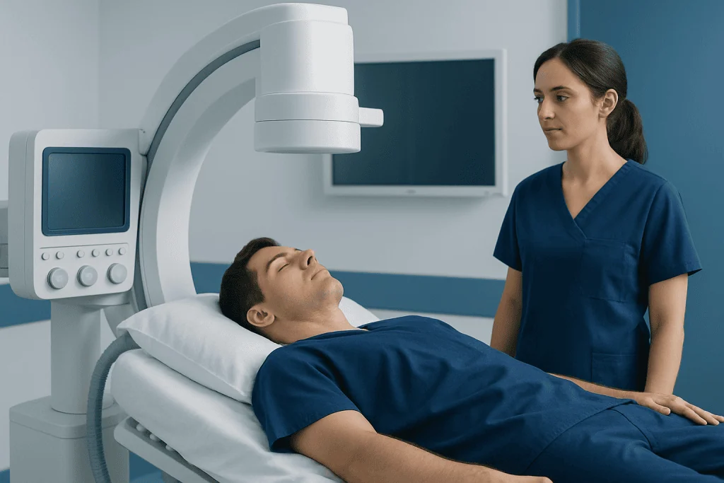 Medical professional preparing for a diagnostic imaging procedure in a hospital room.
