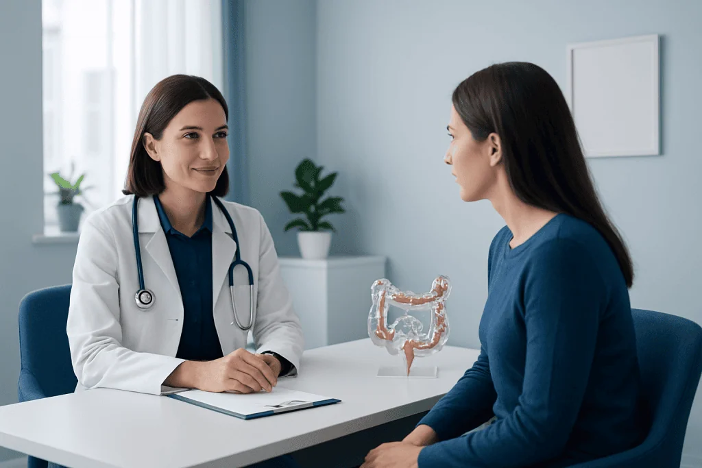Doctor consulting with patient about gut health and probiotics benefits.