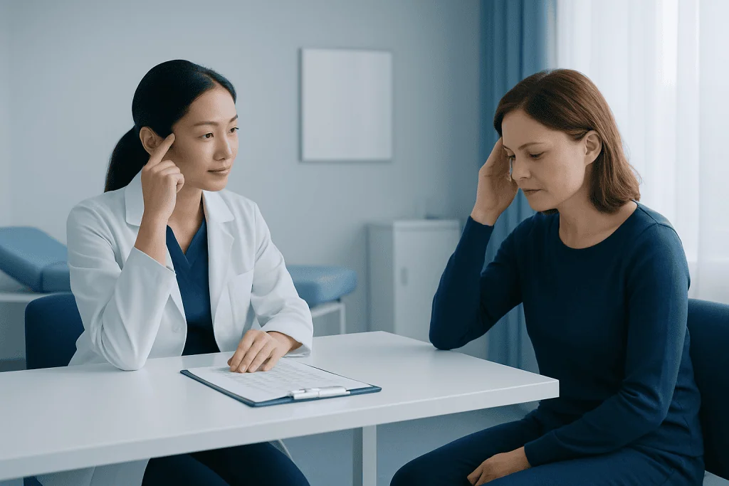 Doctor consulting with patient about headache symptoms in clinic.
