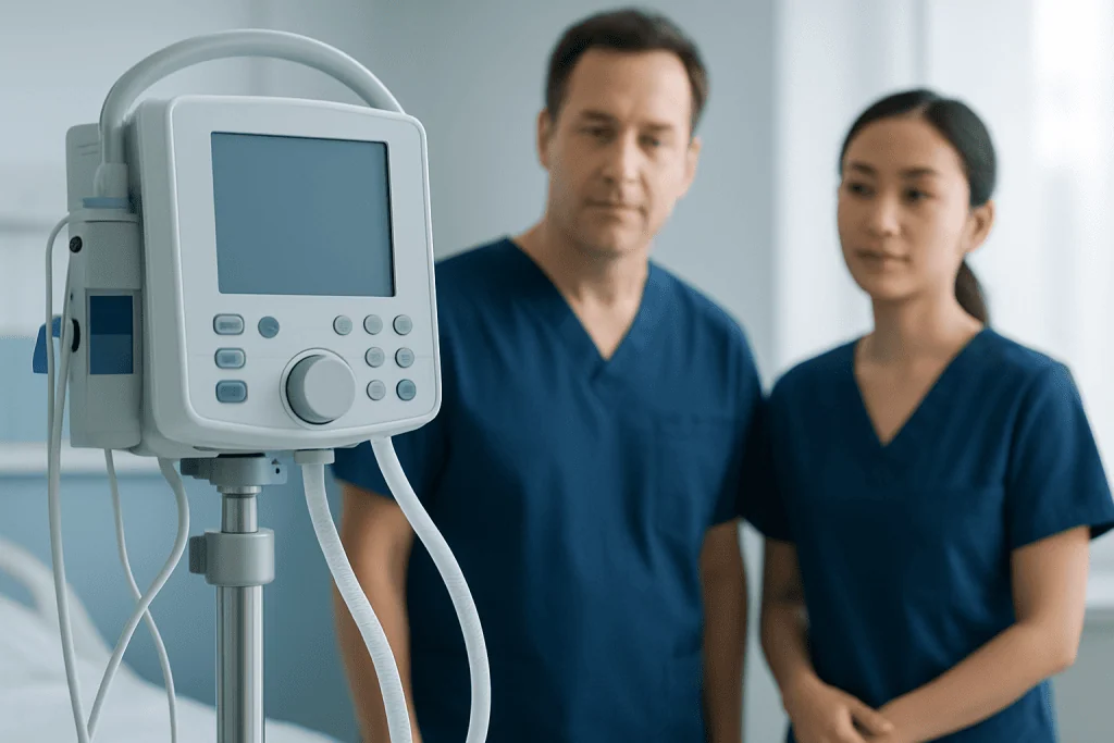 Medical professionals monitoring patient vital signs in hospital.