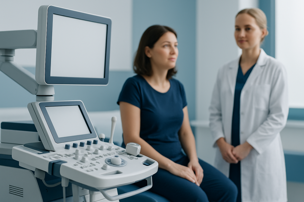 Medical examination room with ultrasound device and healthcare professionals.